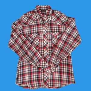 Vintage Men's MEDIUM Wrangler Western Pearl Snap Shirt  Red Plaid - USA 80s